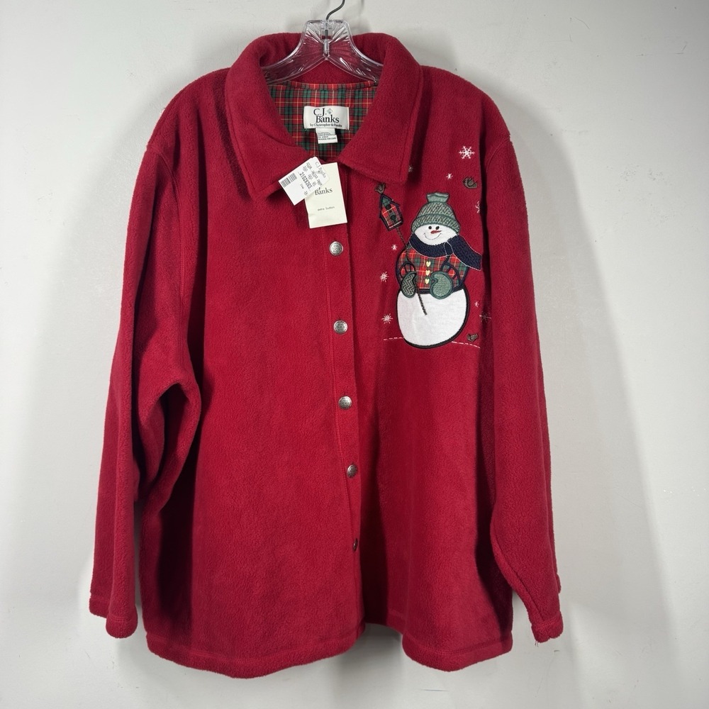 CJ Banks Embroidered Snowman Coat Jacket Sz 3X Winter Cottage Farm Fleece Vtg